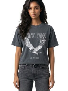 Anine Bing Eagle Graphic Tee Washed Black Los Angeles Rock Band Style T-Shirt